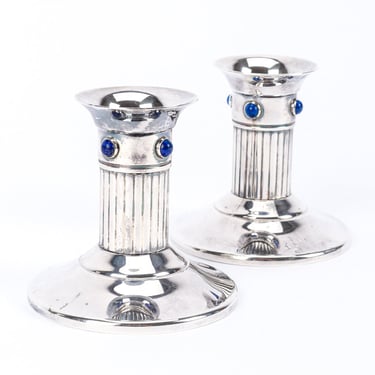 Pair of Silver Plated Lapis Candle Holders