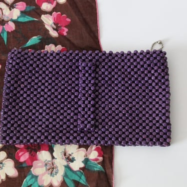 Vintage 1940s Czechoslovakia Clutch Purse Wood Bead Purple handbag with hand strap 