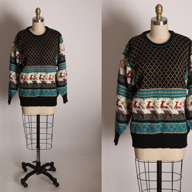 1990s Black, White and Teal Long Sleeve Novelty Knit Peacock Pullover Sweater by The Import Workshop 