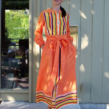 Vintage 1960s Rodrigues Maxi Dress, XS Women, orange multicolor stripe print 