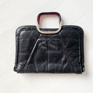 1970s Black Leather Bag with Metal Top Handle 