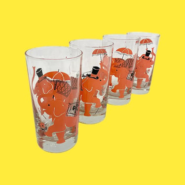 Vintage Drinking Glasses Retro 1960s Mid Century Modern + Libbey + Pink Elephants + Umbrellas + Clear Glass + Set of 4 + Water Tumblers 