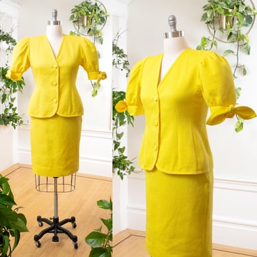 Vintage 1980s Skirt Suit | 80s GIVENCHY Canary Yellow Cotton Puff Sleeve Blazer Blouse Pencil Skirt Two Piece Matching Set (medium) 