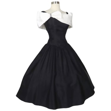 Vintage 80s 90s Black White Wrap Collar Bow Rhinestones Hi Lo Full Skirt Prom Gown Party Dress S Small Off Shoulders Womens Formal Dance 