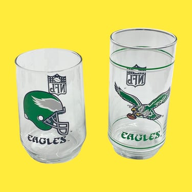 Vintage Philadelphia Eagles Glasses Retro 1980s NFL + Glass + Kelly Green + Helmut and Eagle + Set of 2 + Football + Sports + Mancave Decor 