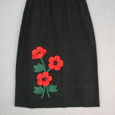 1970s -Poppy Applique -  Black Taffeta - Party Skirt - by Catherine Carr - Small 
