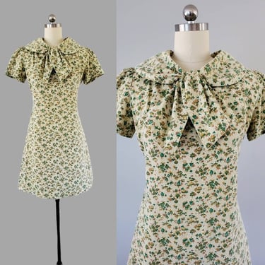 1970s Mushroom Print Dress with Tie Collar 70's Boho Dress 70s Women's Vintage Size XL 