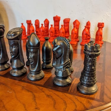 Ornate Ceramic Black and Red Chess Pieces 