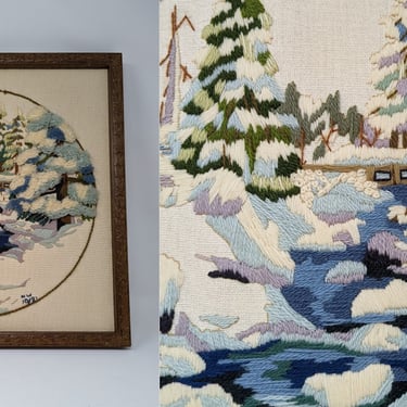 Vintage Eighties Framed Crewel Embroidery Winter Snowfall Three Dimensional Wall Art 