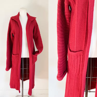 Vintage 1970s Cranberry Red Sweater Coat // Maxi Cardigan • M/L 