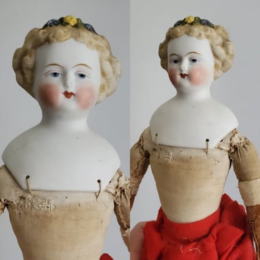 Antique Bisque Doll with Beautiful Blonde Curls and Flowers - 14