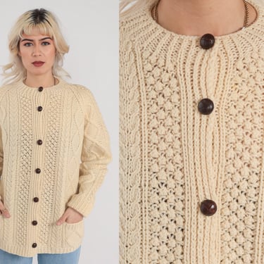 Cream Cable Knit Cardigan 70s Button Up Sweater Wool Blend Vintage Retro Chunky Fisherman Sweater Grandpa Pockets Cableknit 1970s Large L 