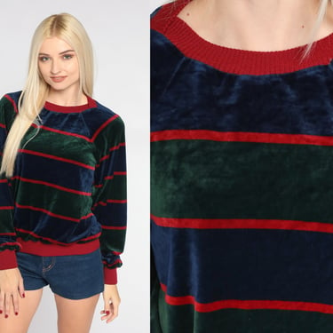 Striped Velour Sweatshirt 80s Retro Top Long Sleeve Pullover Crewneck Ringer Blue Green Red Slouchy Streetwear Vintage 1980s Small 