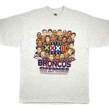 Vintage 1998 Denver Broncos Super Bowl XXXII Champions Offense and Defense Double Sided Caricature Graphic T-Shirt Size XL 