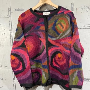 Vintage Abstract Swirly sweater Alpaca Cardigan Button Up Sweater Multicolor 