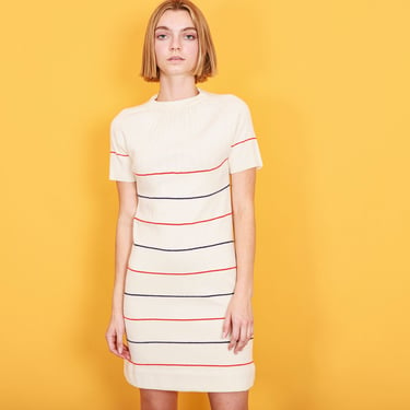 60s White Colorful Stripe Knit Dress Vintage High Collar Striped Fitted Art Deco Dress 