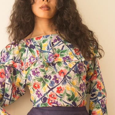 1980s Norma Kamali Floral Georgette Blouse 