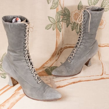 1910s Boots - Size 8.5 9 - The SOFTEST Grey Kid Suede Leather Edwardian/1910s Antique Boots with Louis Heel 