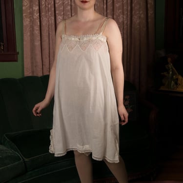 1910s Chemise - Darling Vintage Edwardian 1910s One Piece Cotton Step In Lingerie with Embroidery 