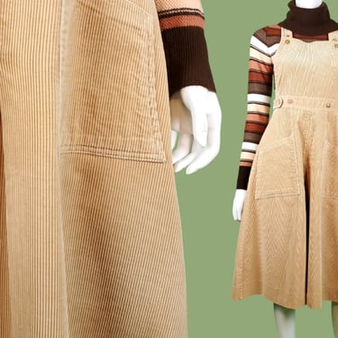 Corduroy overall wrap dress from the 70s adjustable halter strap pleated beige wide wale. Boho hippie cottagecore Holly H. (Size S 27 waist) 