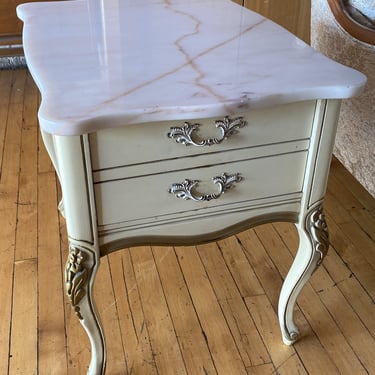 Cream Wood Carved Marble Top End Table