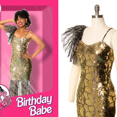 Vintage 1980s Party Dress | 80s Gold Metallic Sequin Lace Tulle Wiggle Stretchy Bodycon Mermaid Trumpet Barbiecore Prom Gown (small/medium) 