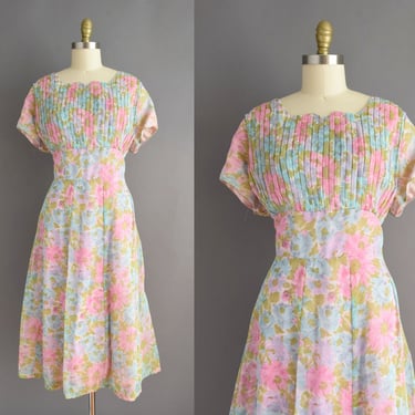 1950s dress | Rite Fit Pastel Floral Print Chiffon Dress | XL | 50s vintage dress 