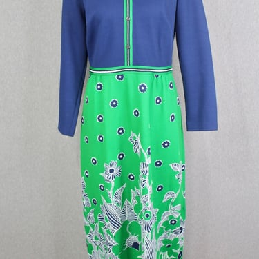 1970s - Mid Century Mod Floral Maxi Dress - Navy and Green - Color Block - Retro - Floral 