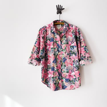 cute cottagecore blouse | 80s 90s vintage Liz Claiborne pink purple floral cotton short sleeve shirt 