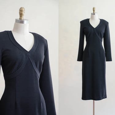 black midi dress | 80s Joseph Ribkoff dress | long sleeve black dress | goth dress 