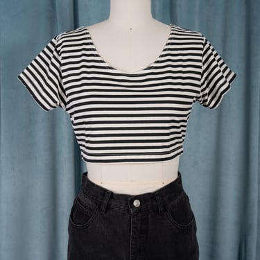 Vintage 80s Sasson Black and White Striped Scoop Neck Crop Top 
