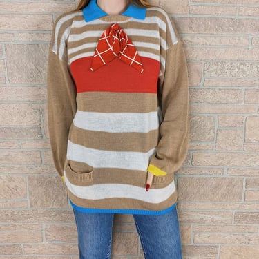 70's Striped Colorblock Mod Collared Knit Sweater 