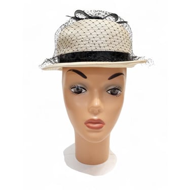 1950s Vintage Styled By Cinderella New York White Hat, Black Bow & Mesh Veiling, Union Label Made in USA, Ladies Pinup Evening 