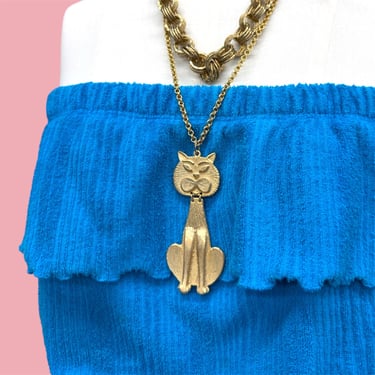 Vintage Cat Pendant Necklace Retro 1970s Mid Century Modern + Articulated + Gold Tone + 24
