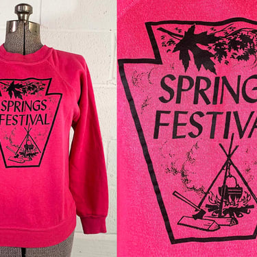 Vintage Pink Sweatshirt Sportswear Pullover Long Sleeve Raglan Jumper Retro Springs Festival Campfire Camping 1980s 