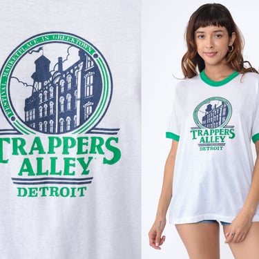 80s Detroit Shirt Trapper's Alley Ringer Tee Shirt Greektown T Shirt Graphic Shopping Center Vintage White Green Tourist Shirt Medium Large 