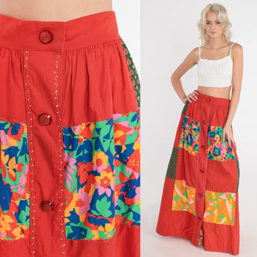 Patchwork Floral Skirt 70s Red Maxi Skirt Retro Groovy Flower Print Festival Seventies High Waisted Button up Summer Vintage 1970s Small S 