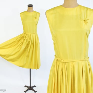 1950s Yellow Silk Dress | 50s Yellow Silk Sleeveless Dress | Small 