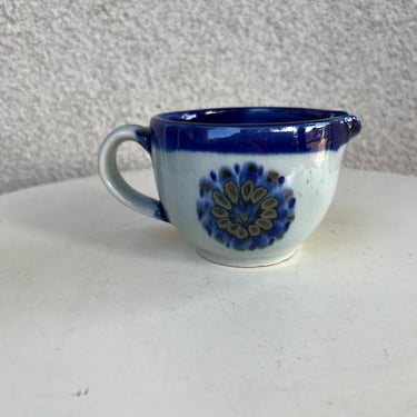 Vintage Mexican pottery small creamer pitcher floral blues grey by Ken Edwards size 3” 