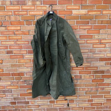 vintage 50s green military jacket raincoat synthetic rubber coated o.d. dismounted / l large 