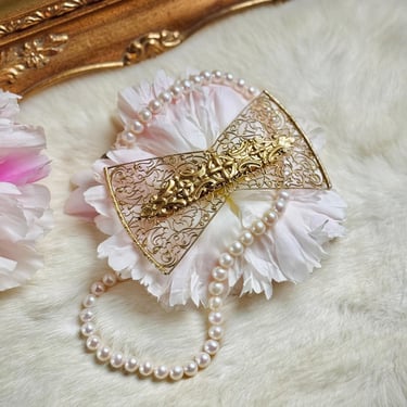 Vintage Gold Tone Filigree Bow Barette / Victorian Revival  display picture 3
