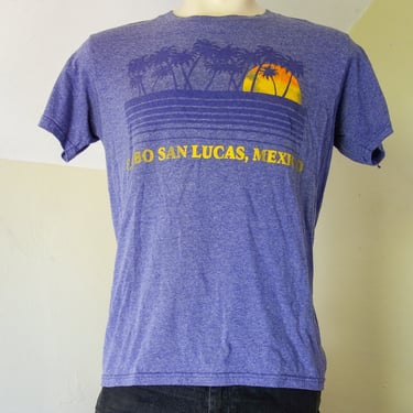 Vintage Cabo San Lucas T shirt size medium, 80s or 90s Mexico purple tee shirt with sunset and palm trees beach scene 