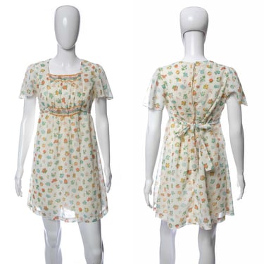 1970's White and Multicolor Floral Print and Embroidered Detail Mini Dress Size M/L