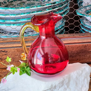 Artisan Blown Glass Vase~Red Glass w/ Yellow Handle 