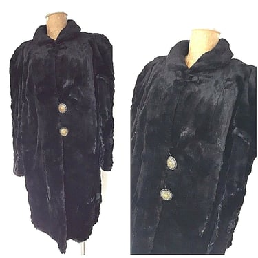 Vintage 50s Long Rabbit Fur Coat Size Large Black Satin Lining Formal Midi