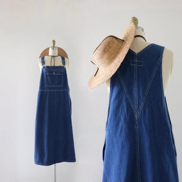 denim overall dress - l - vintage 90s y2k jean apron jumper casual minimal simple womens large 