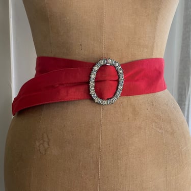 Vintage 1940’s red grosgrain belt with paste rhinestone slide buckle, adjustable XS/S 