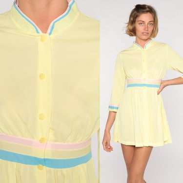 Vintage Nightgown Dress Yellow Pastel Striped Dress Mod Lounge Dress 70s Nightgown Lingerie Mini Nightie Boho Empire Waist Nylon Slip Small 