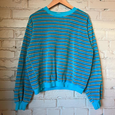 Med, Vintage 1960s Cotton Velour Striped Crewneck Sweatshirt, Blue 