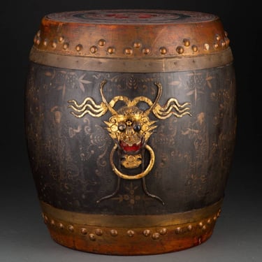 Antique Southeast Asian Carved Elm Gilt Dragon Rice Barrel Drum Table 